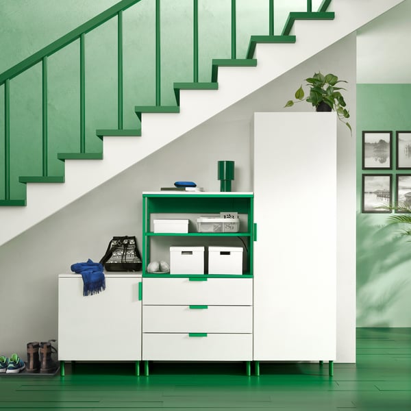 A white Fonnes/green PLATSA wardrobe with 2 doors+3 drawers