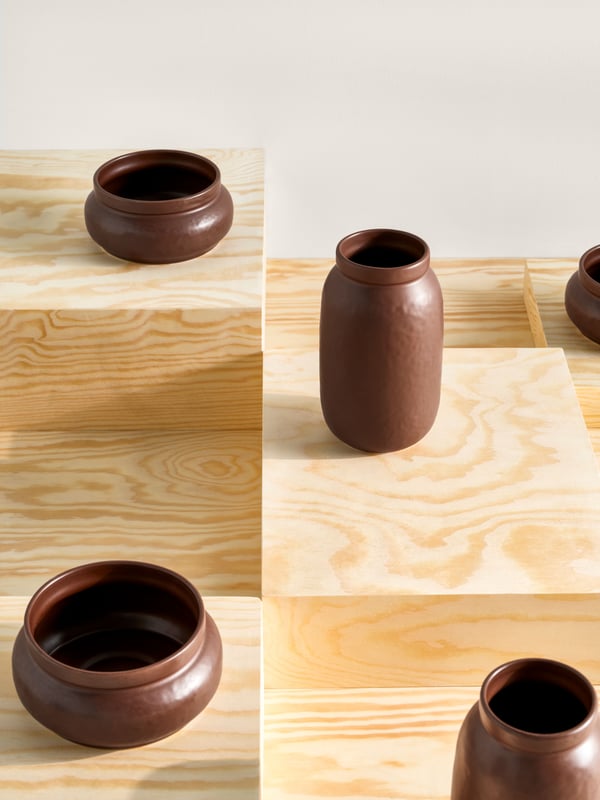 Some MÄVINN vases and bowls in brown/ceramic are placed on a plywood surface next to each other and at different heights.