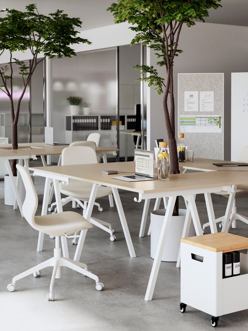 Workspace with rectangular desks, conference chairs, a storage unit on castors, and small trees protruding from the desks.