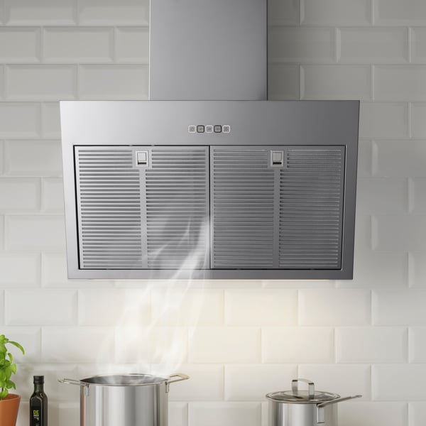 A stainless steel colour BEMÖTA wall mounted extractor hood