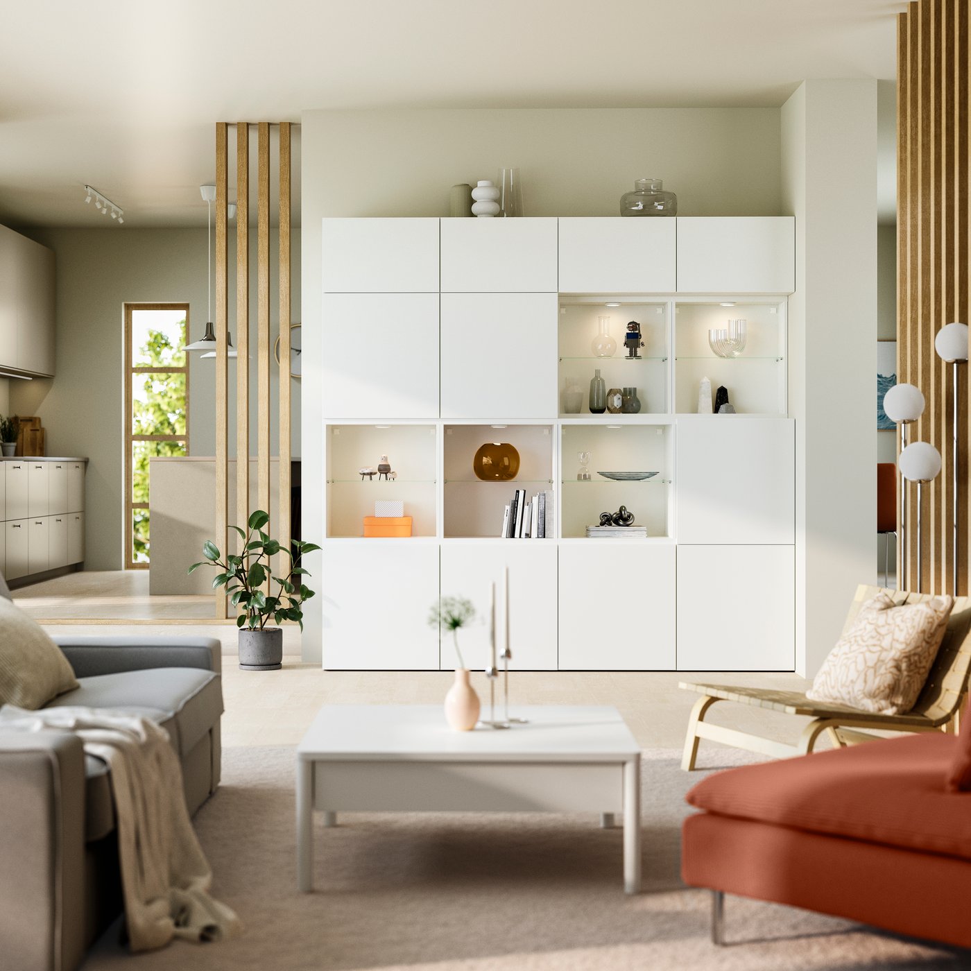 Una combinazione di contenitori BESTÅ bianchi/bianco Lappviken con ante in un soggiorno moderno