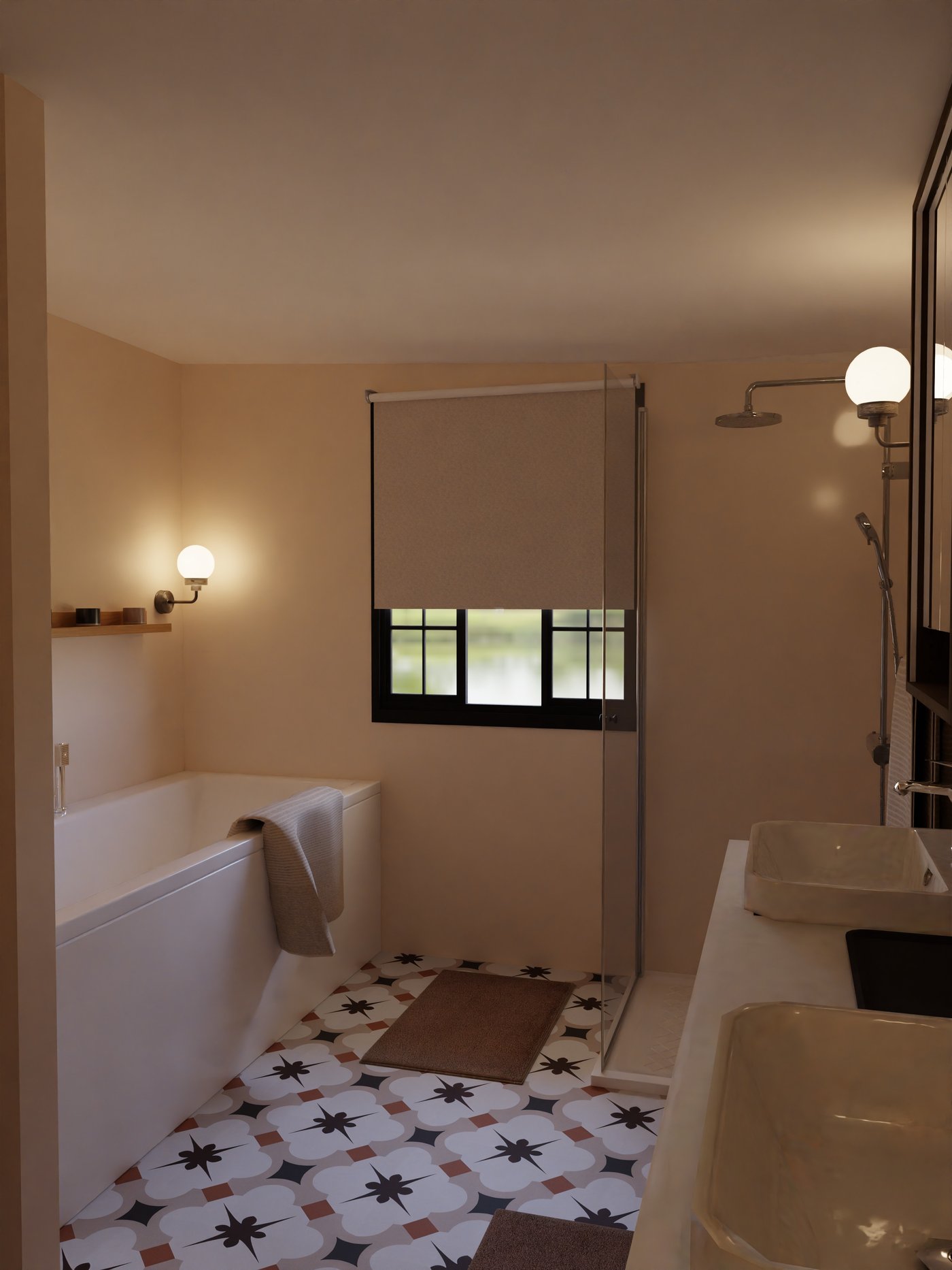 Badezimmer mit Fenstet, Badewanne und Dusche sowie zwei Waschbecken auf einem Nussbaumwaschtisch.