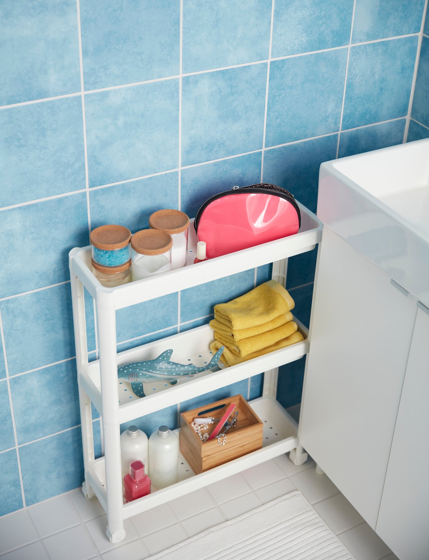 VESKEN trolley in laundry room or bathroom with cleaning essentials