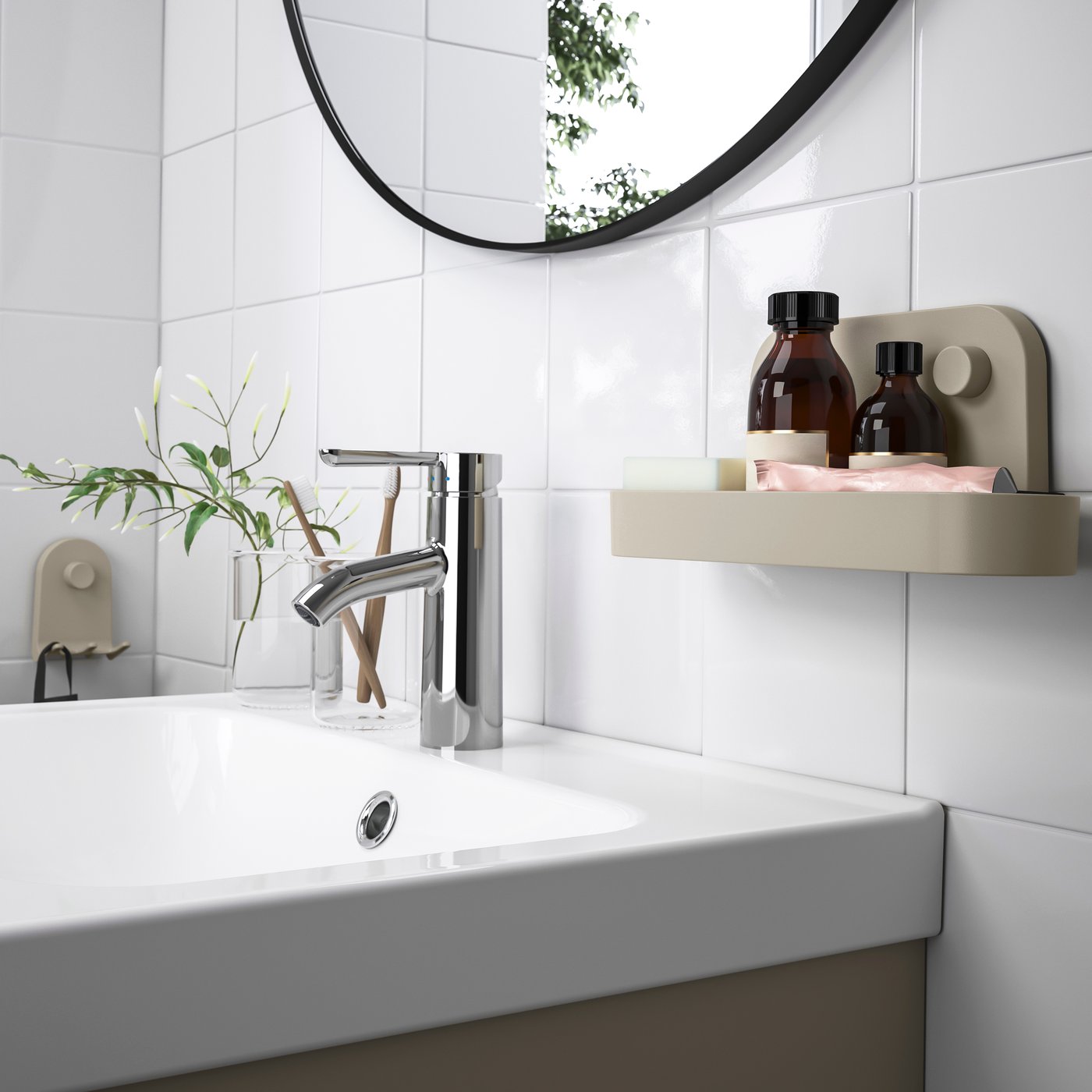 A grey-beige ÖBONÄS wall shelf with suction cup