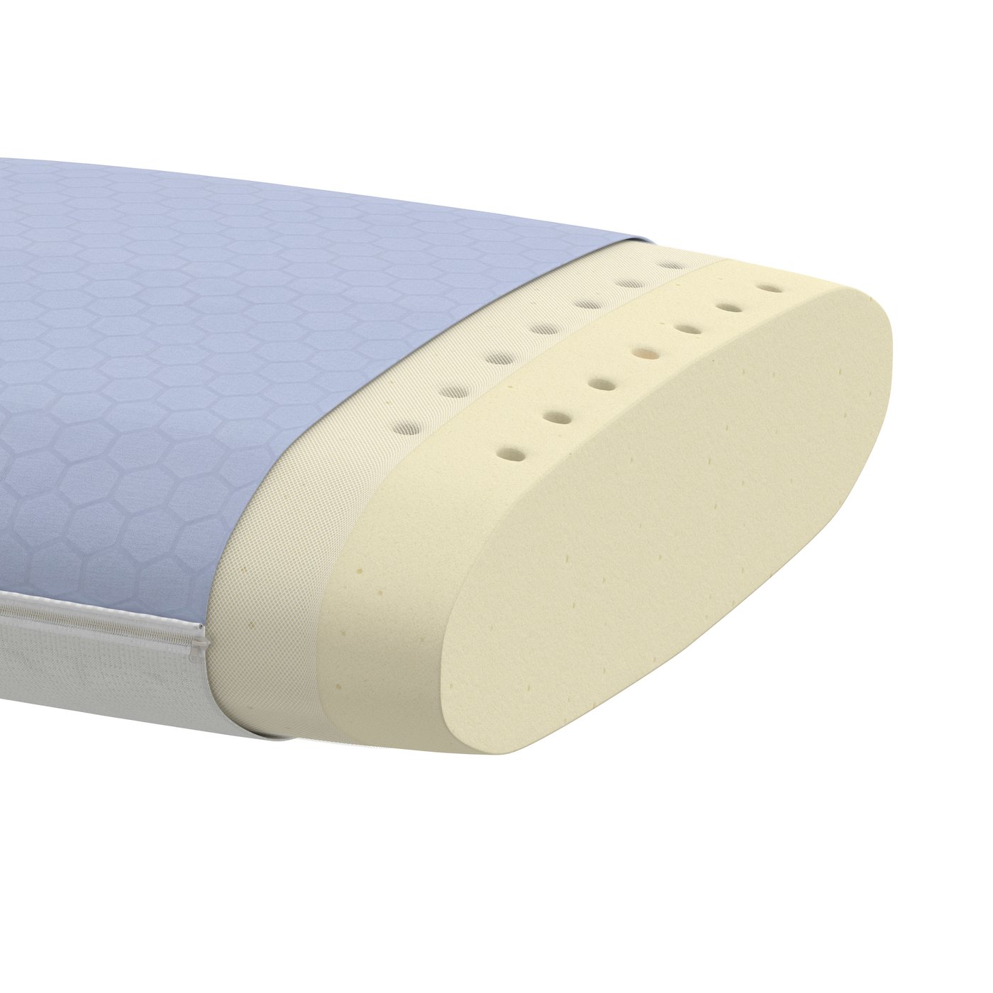 A cross-section of a KVARNVEN ergonomic pillow for stomach sleepers showing the ventilation holes in the memory foam centre.