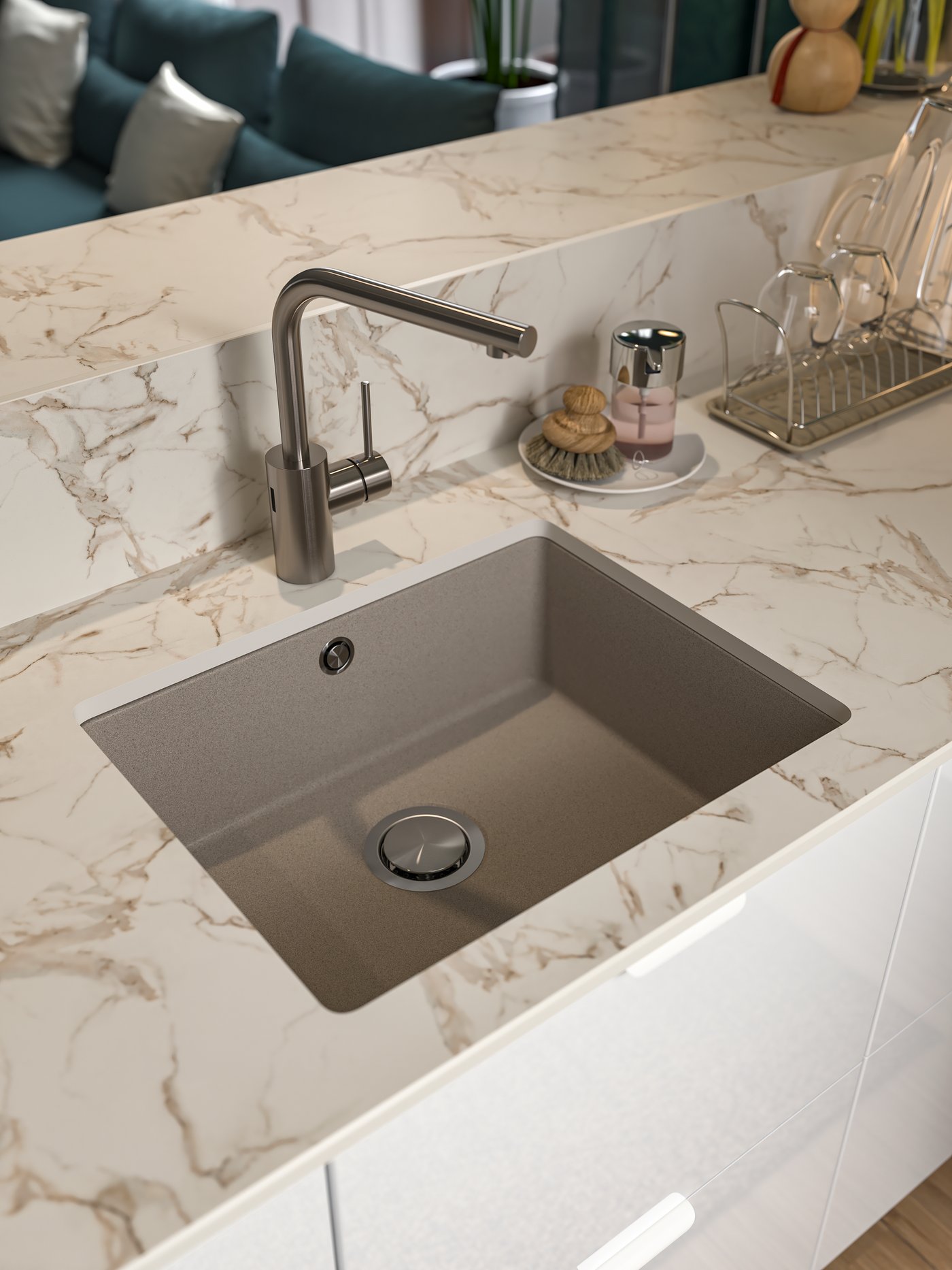 A chrome-plated KALKGRUND soap dispenser in the kitchen