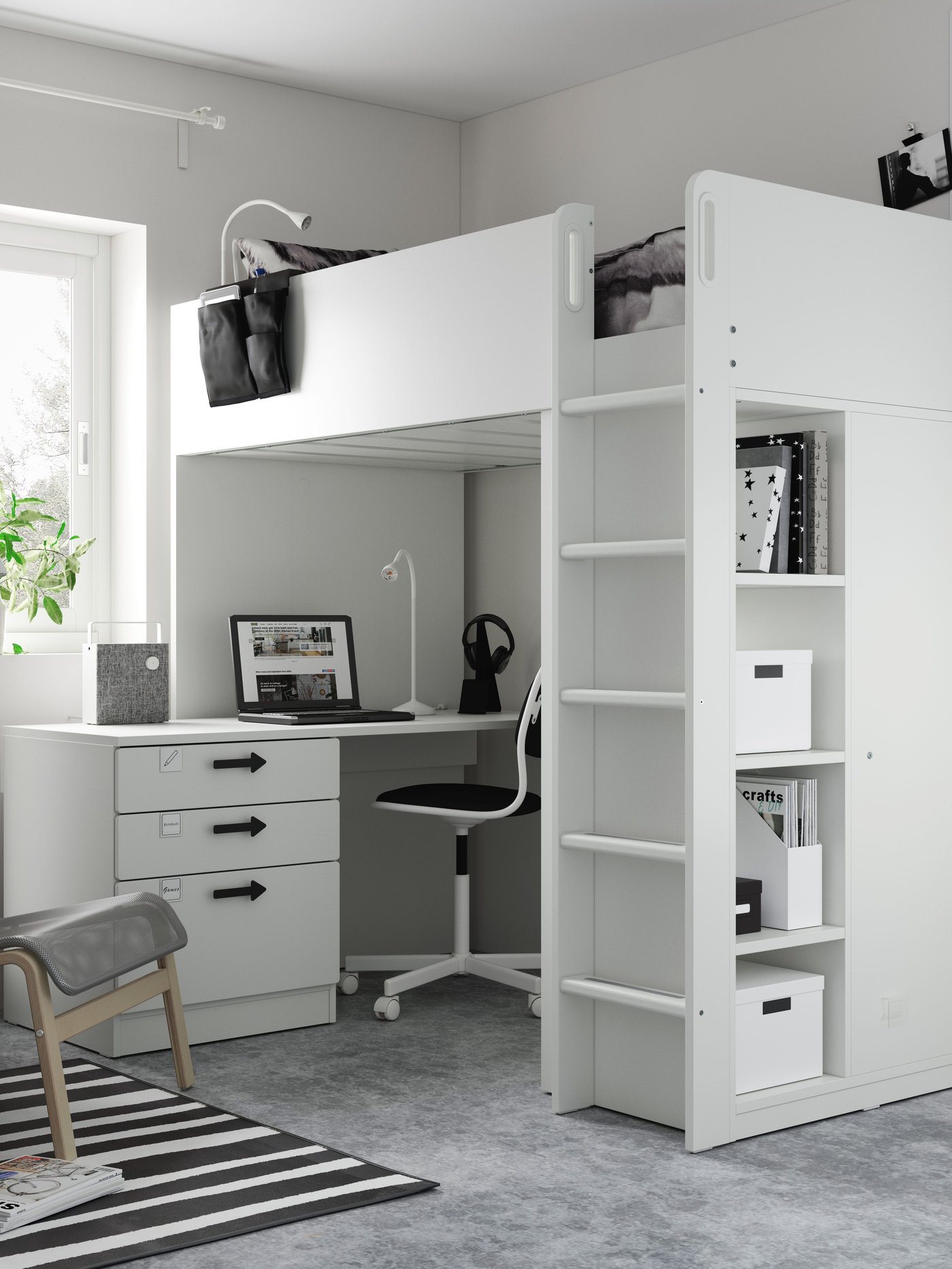 A space‑saving white SMÅSTAD loft bed with a desk and wardrobe in a teen room.