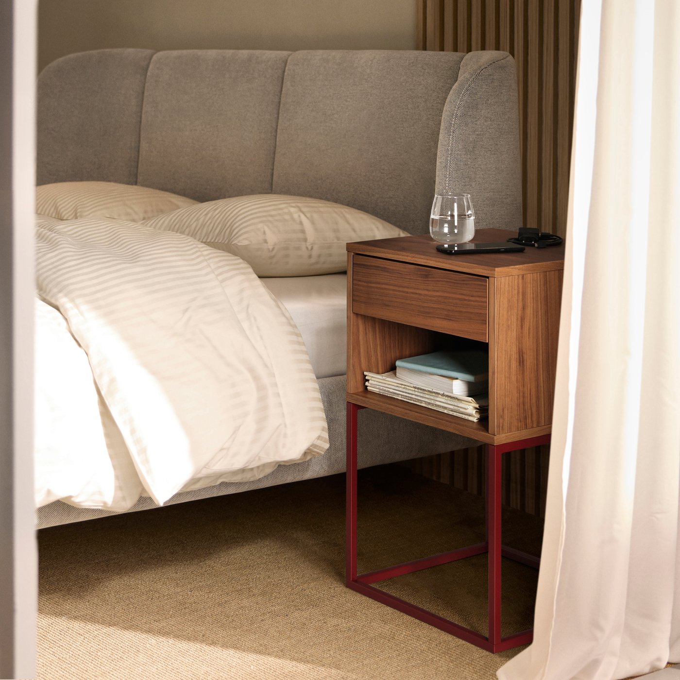 A walnut veneer VIKHAMMER bedside table