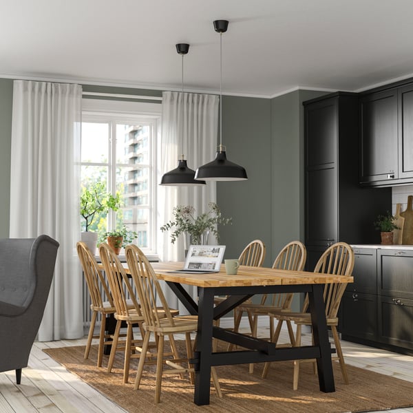 An acacia/acacia SKOGSTA table and 6 chairs