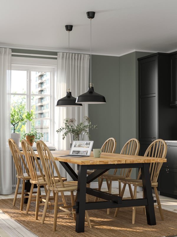 An acacia/acacia SKOGSTA table and 6 chairs