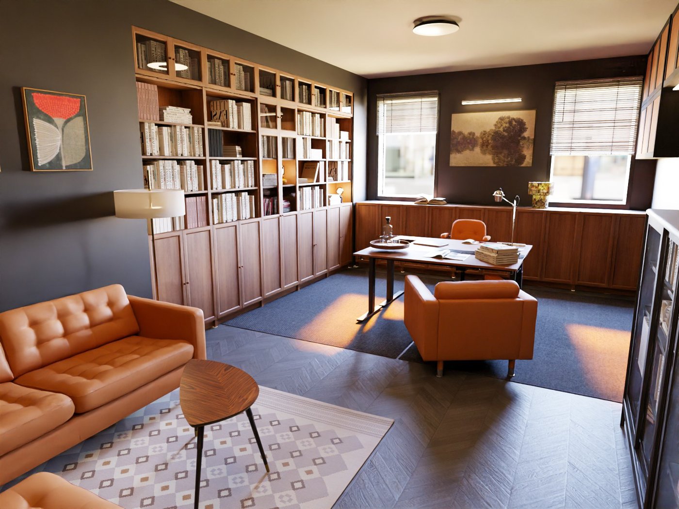 Teil eines Büros. Blick auf den Schreibtisch mit Bürostuhl und Besucherstuhl. Hinter dem Schreibtisch zwei Fenster und unterhalb niedrige Schränke. Zwischen den Fenstern ein großes Gemälde mit Beleuchtung. Links vom Schreibtisch eine Regalwand mit teils offener, teils geschlossener Aufbewahrung. Im Vordergrund rechts Teile einer Vitrine und Hängeschränke. Im Vordergrund links Teile einer Sofagruppe mit Beistelltisch.