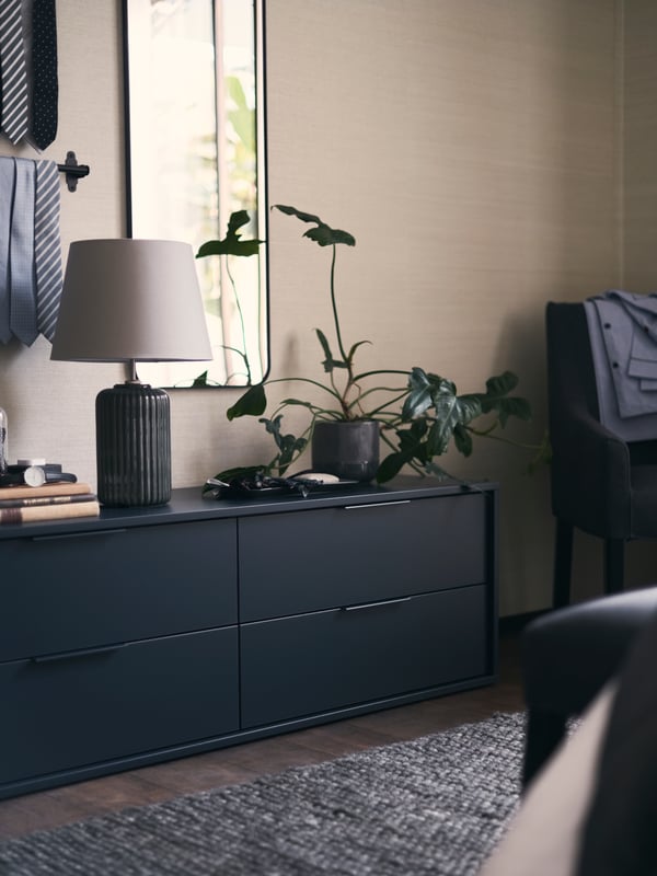 A black chest with four drawers with a plant and SNÖBYAR table lamp on top. A rail of ties and a mirror are on the wall.