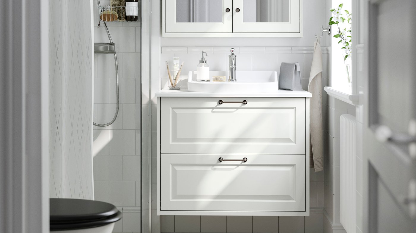 A white/white marble effect RUTSJÖN wash-stnd w drawers/wash-basin/tap
