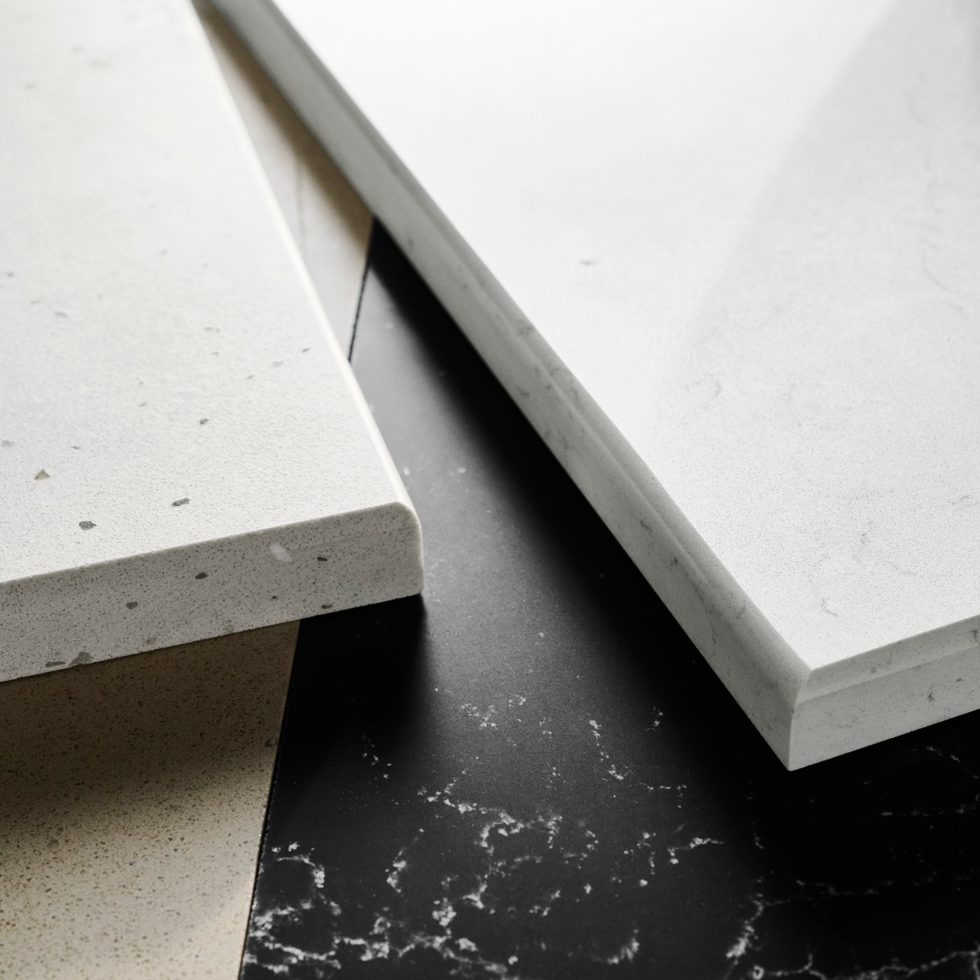 IKEA LOCKEBO glass ceramic worktops in white marble, light beige limestone, light beige concrete and black marble effects.