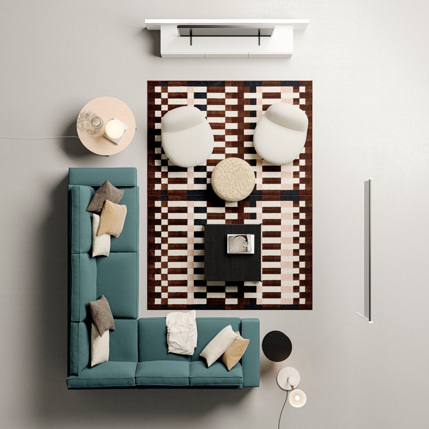 A KIVIK corner sofa with lots of extra cushions on it stands near a JÄTTESTA coffee table standing on a MARKBLÅMME rug.