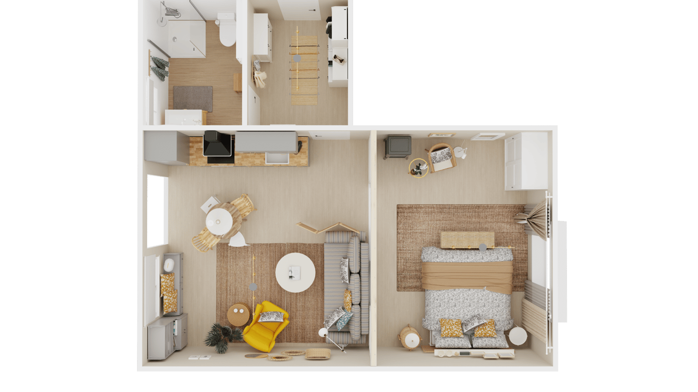 Grundriss eines ländlich gelegenen AirBnB in sanften Farben.