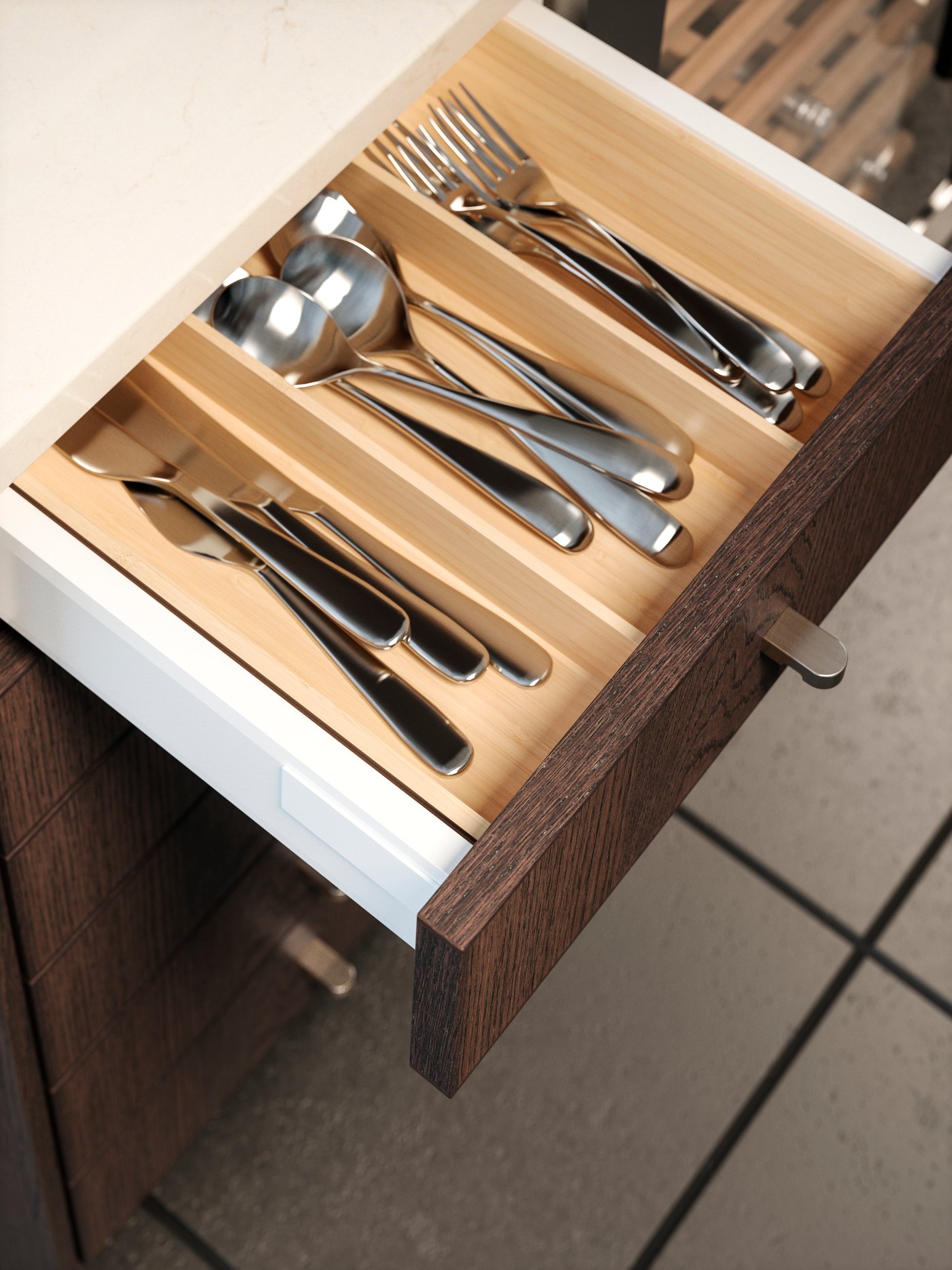 A stainless steel BEHAGFULL 24-piece cutlery set in the kitchen