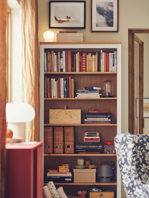 Cameră de zi cu o bibliotecă HEMNES maro care stochează mai multe fișiere de revistă TRUMMIS și o cupolă de sticlă SKÖNJA cu bază.