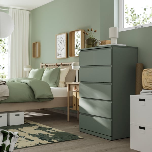 A grey/green/anchor/unlock-function STORKLINTA chest of 6 drawers