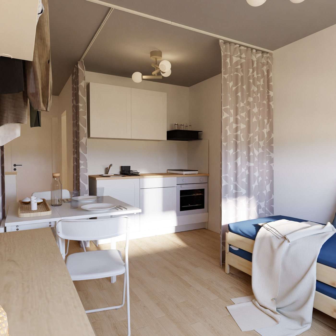 Küchenzeile in weiß mit Eichefarbener Platte und dem Essplatz in weiß.