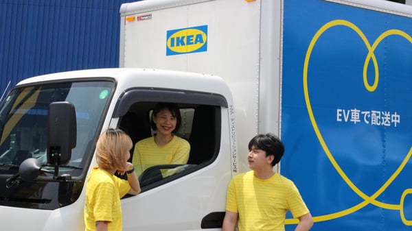 電気自動車に乗っているイケアのコワーカーとその周辺に立って雑談している