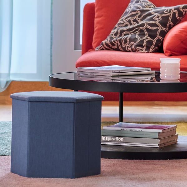 ottoman next to coffee table and couch
