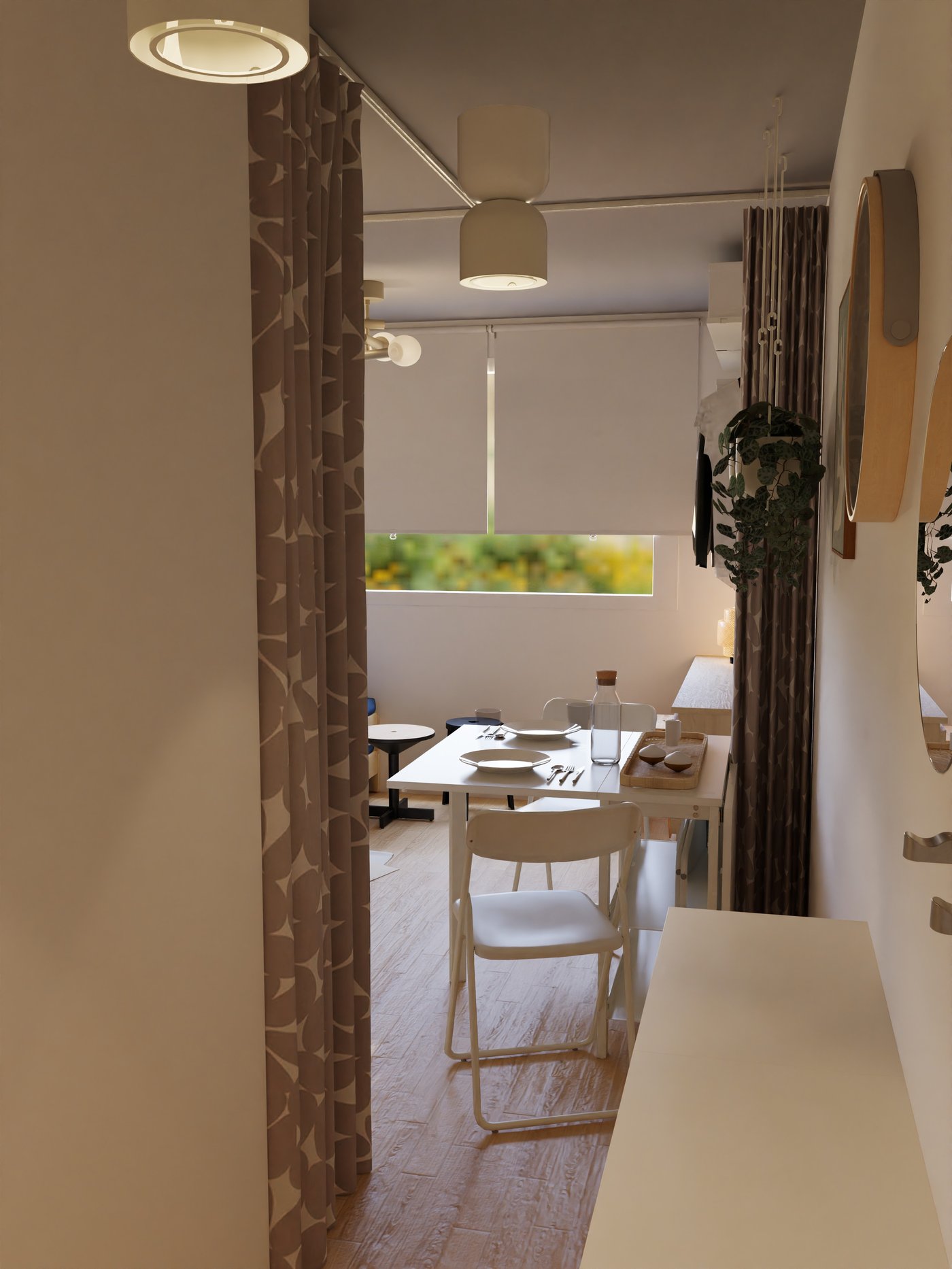 Eingangsbereich mit Blick auf den Essbereich und dem Fenster an der kurzen Seite des Containers.
