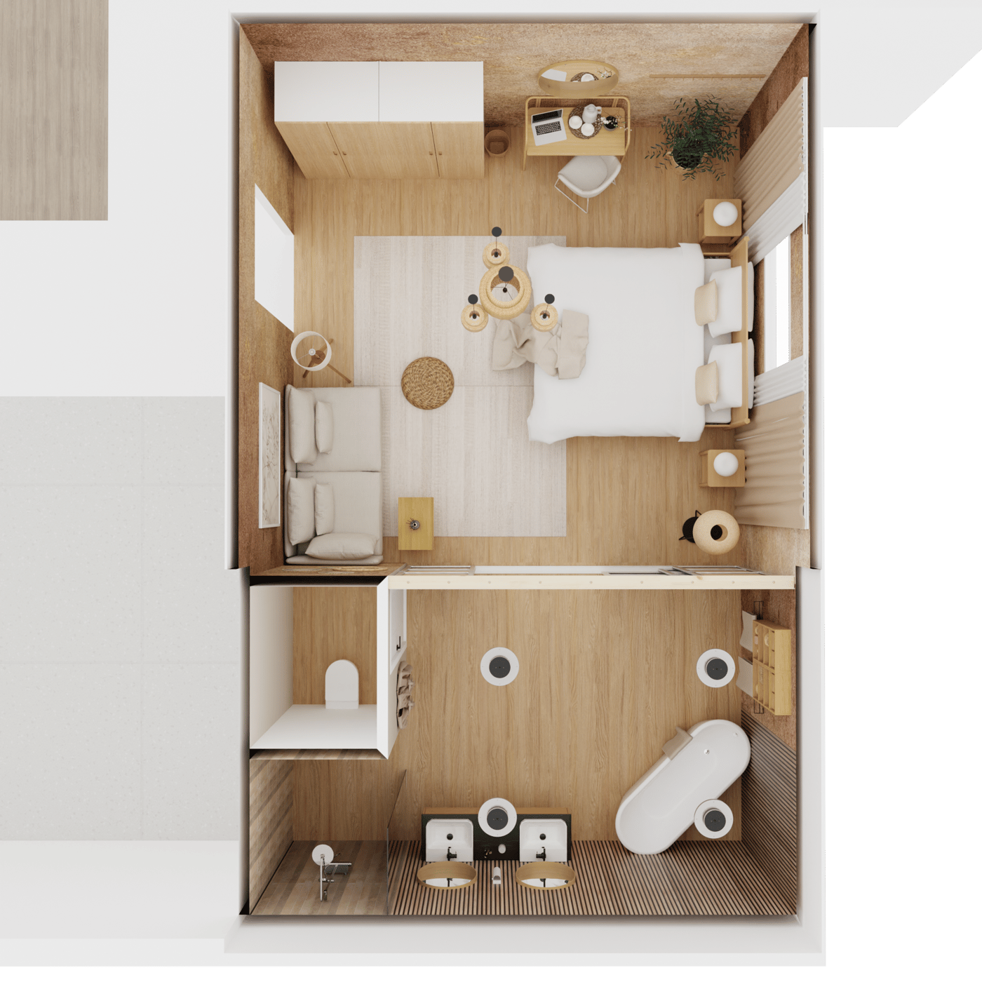 Grundriss eines Hotelzimmers mit angeschlossenem Bad aus der Vogelperspektive. Im unteren Teil ein Badezimmer mit Badewanne, zwei Waschtischen, Toilette und Dusche. Im oberen der Schlafzimmerbereich mit Doppelbett, Nachttischen, Sitzmöbeln, Schminktisch und Kleiderschrank.