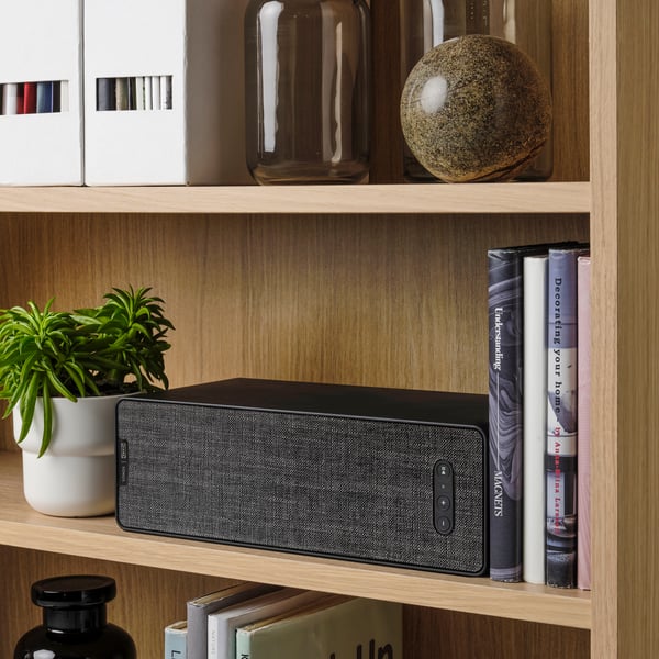 A black smart/gen 2 SYMFONISK WiFi bookshelf speaker