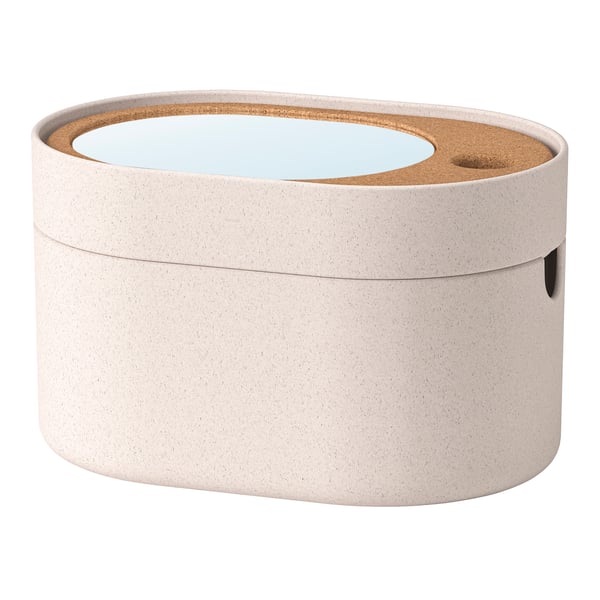 A plastic cork SAXBORGA storage box with mirror lid in the NA