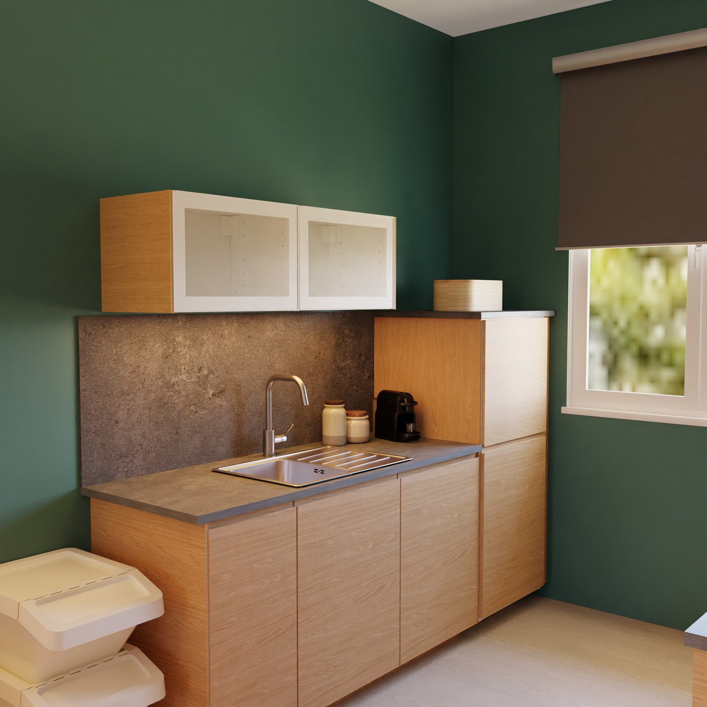 Moderne Küche mit hellen Holzschränken, dunkler Arbeitsplatte, Spüle, Kaffeemaschine und Fenster an grüner Wand