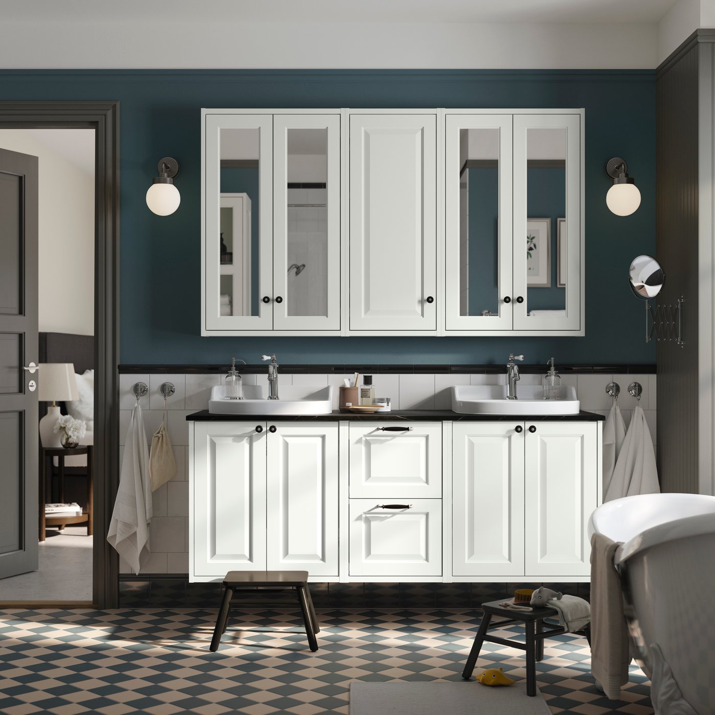 A white/black marble effect RUTSJÖN wash-stand/wash-basins/taps