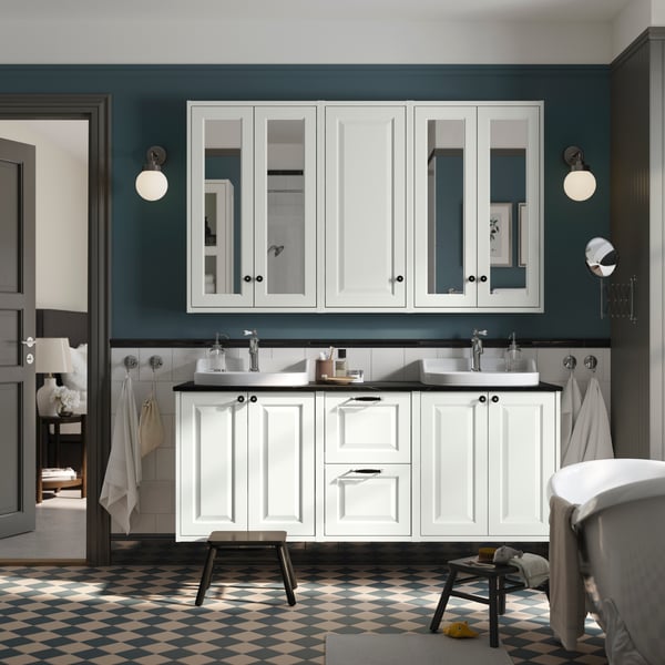A white/black marble effect RUTSJÖN wash-stand/wash-basins/taps