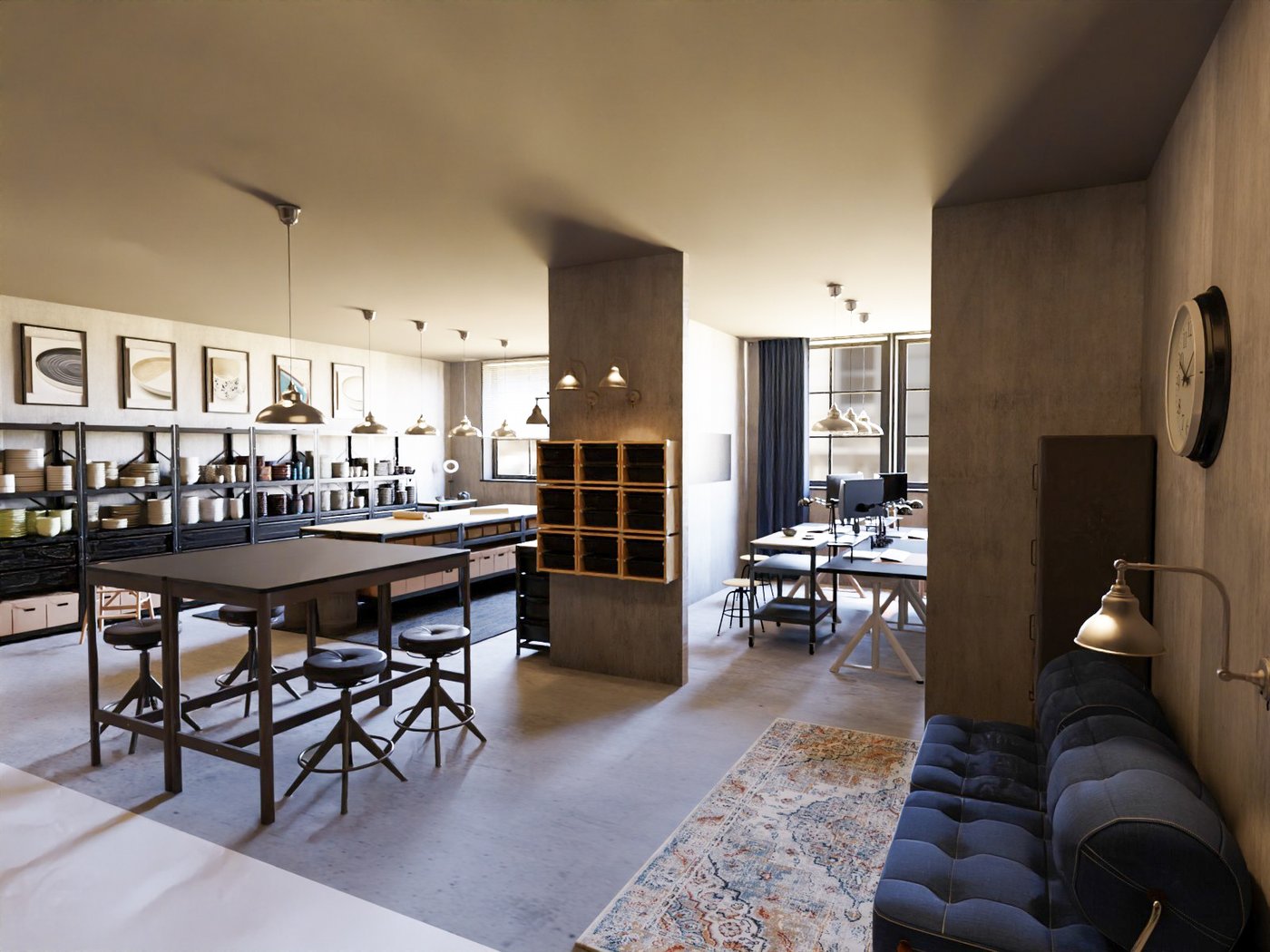 Blick auf eine Kombination aus Büro und Verkaufsraum.An der Rechten Wand ein Sofa und dahinter ein abgetrennter Bürobereich mit Schreibtischen und Bürostühlen. Im mittleren Bereich ein Bartisch mit hohen Hockern, dahinter eine Trennwand mit Regalen. Im oberen Bereich Werktische zu einer großen Arbeitsfläche zusammengestellt und an der linken Wand hohe Regalwände.