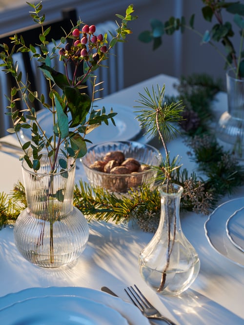 VILJESTARK and PÅDRAG clear-glass vases holding thin branches stand side by side on a set table decorated in white and green.