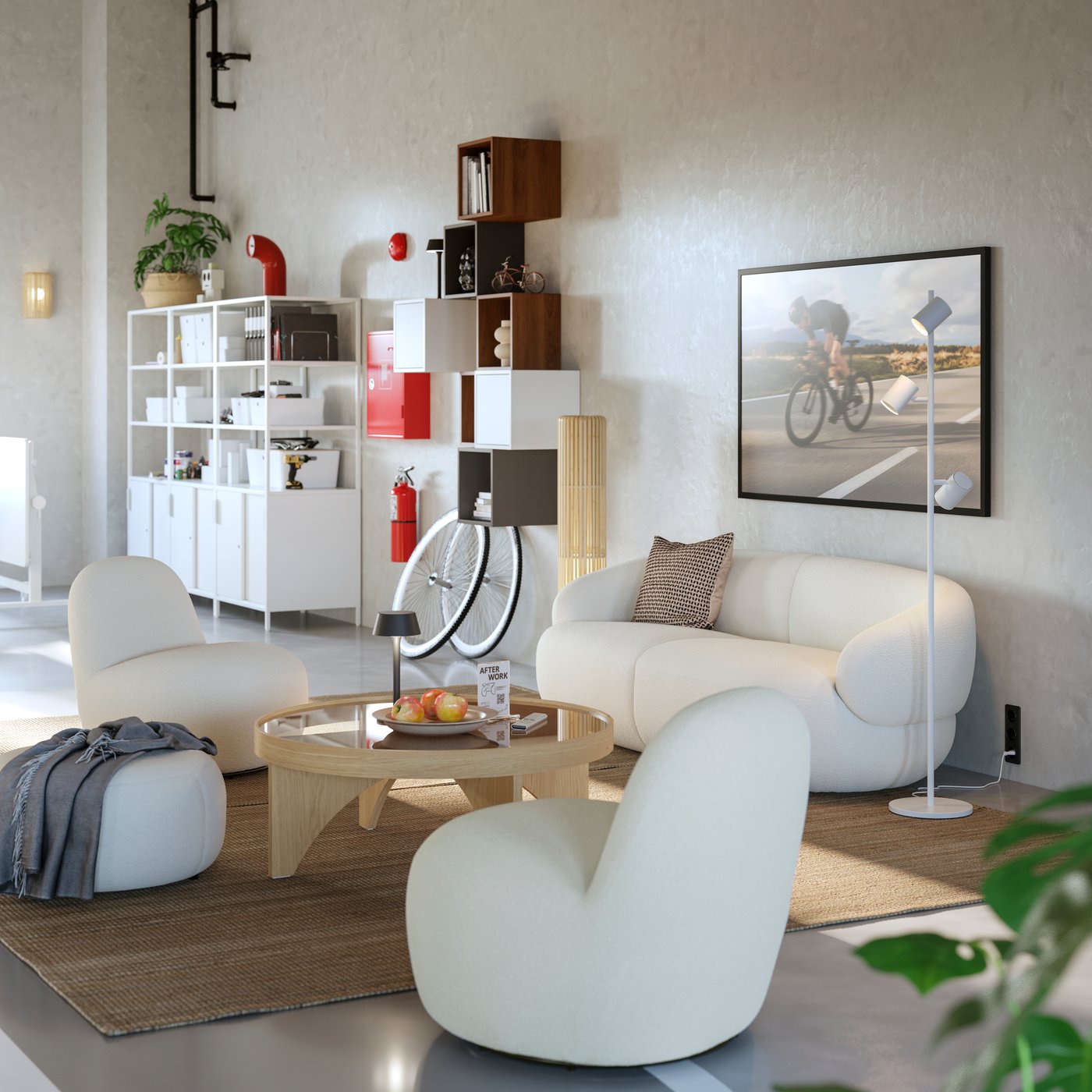 Un espace détente à l'ambiance chaleureuse. Un canapé deux places confortable et deux fauteuils entourent une table basse en bois.