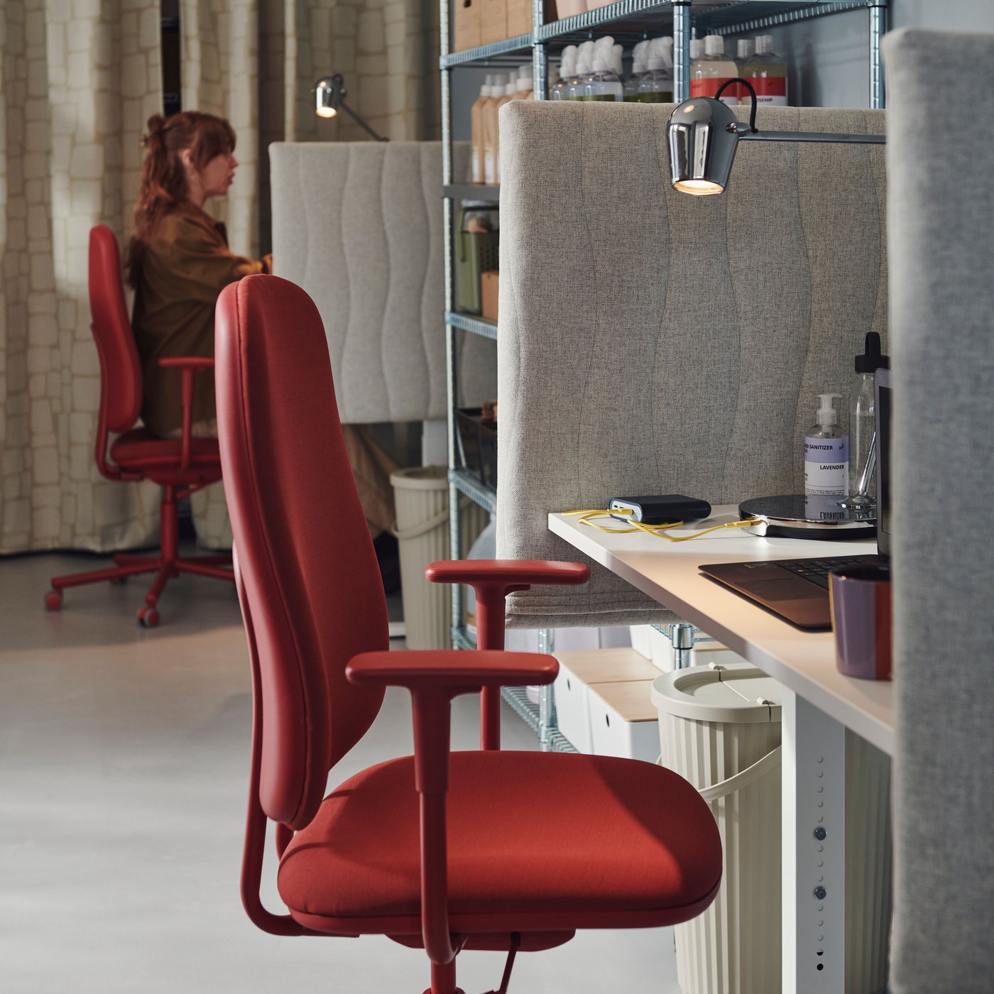 A red chair in an office space