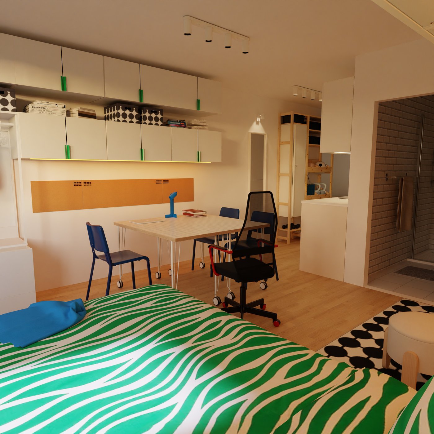 Arbeitstisch zum Quadrat zusammengestellt für gemeinsame Interaktion bei Nacht.