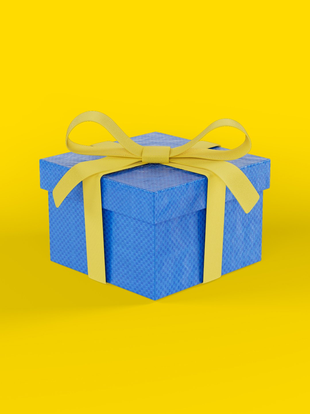 Boîte cadeau bleue avec un ruban et un nœud jaunes, sur un fond jaune vif.