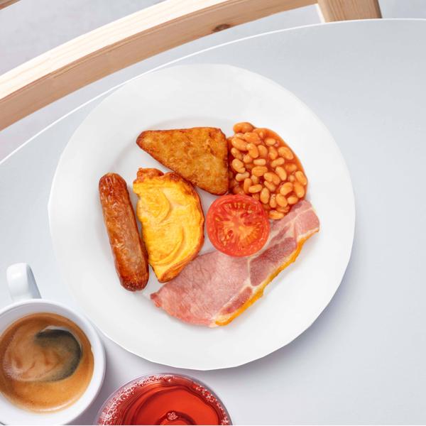Sausage, hash brown, tomato, bacon, scrambled eggs, baked beans and coffee
