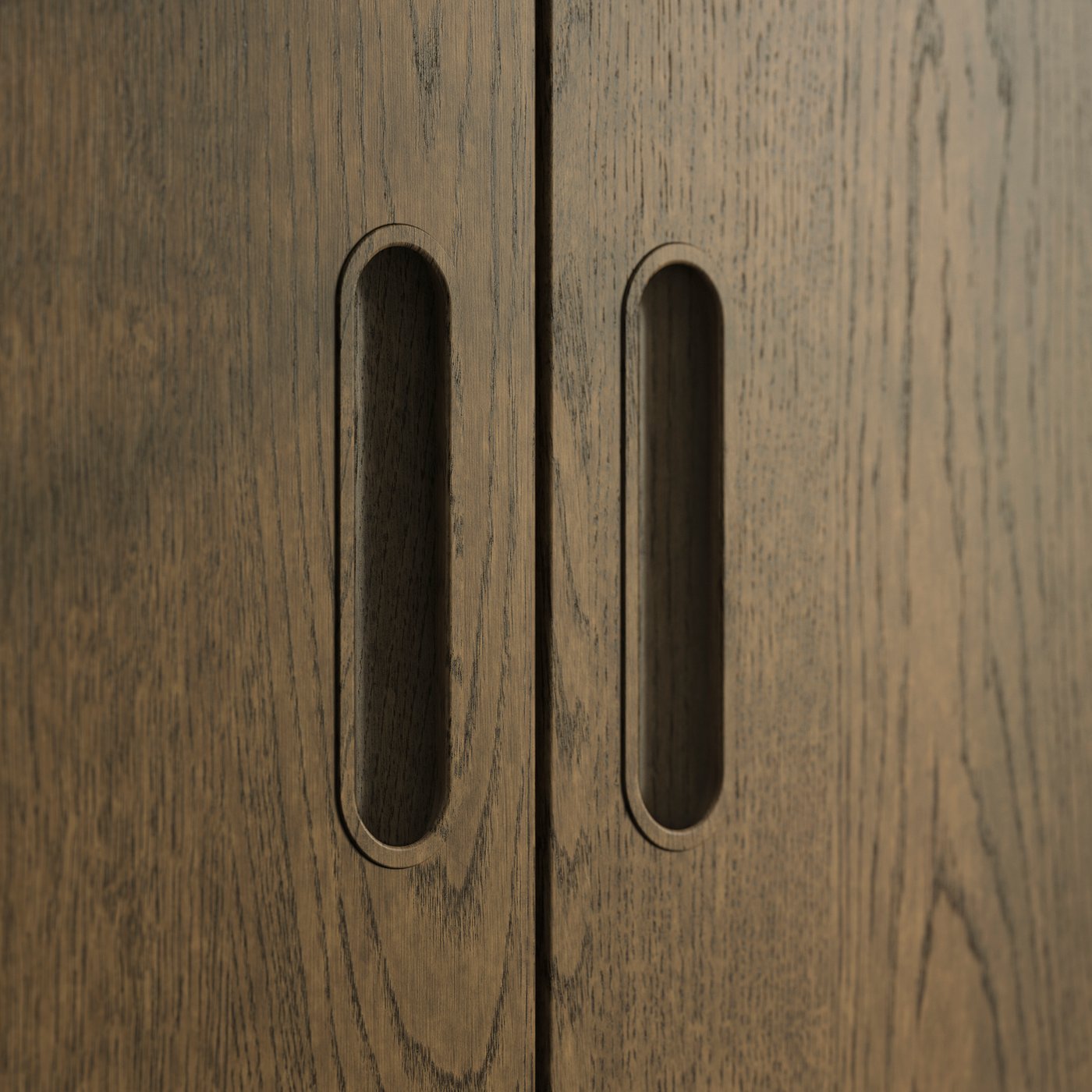 A close-up of brown stained oak veneer TONSTAD doors with integrated handles.