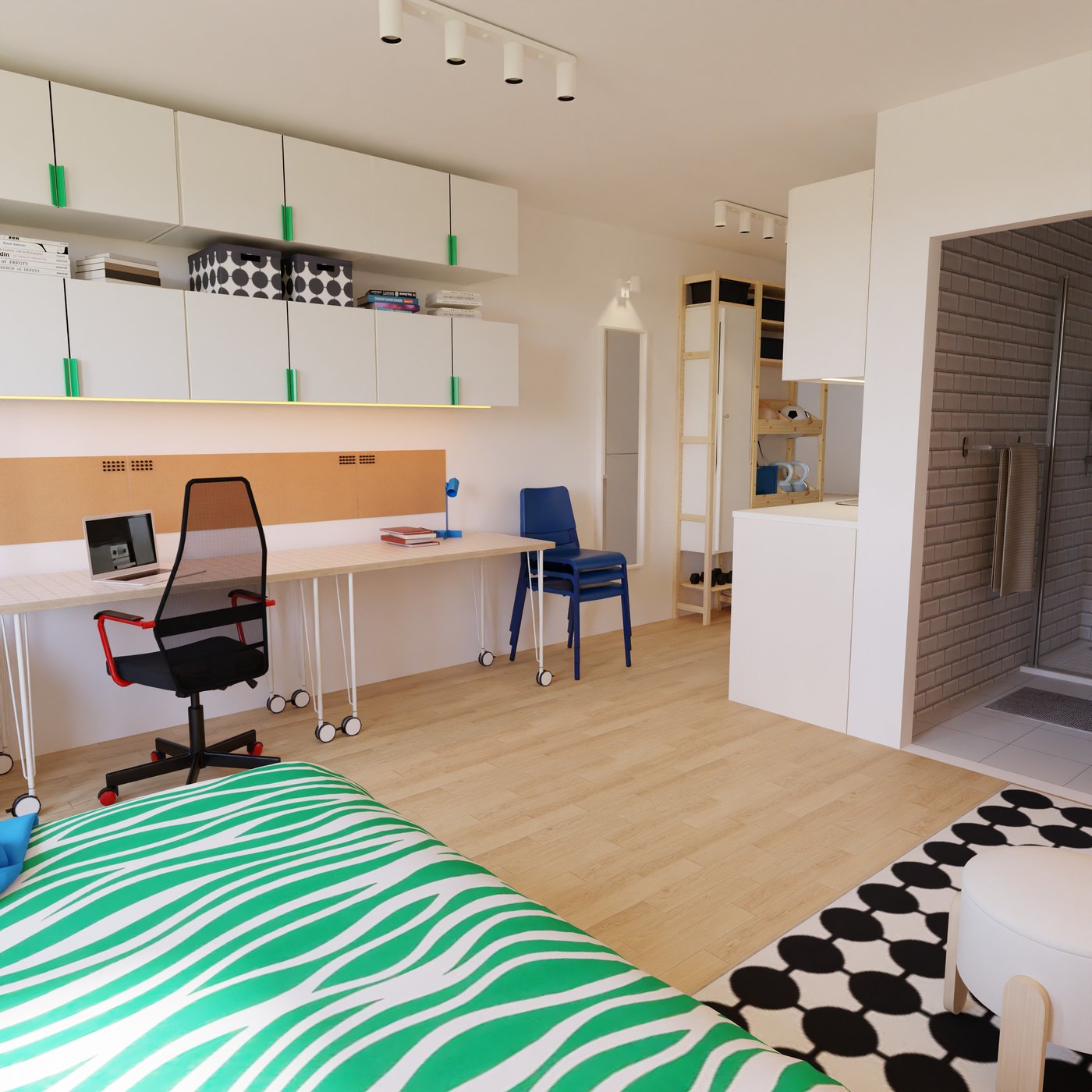 Blick auf den Arbeitstisch mit Aufbewahrung darüber