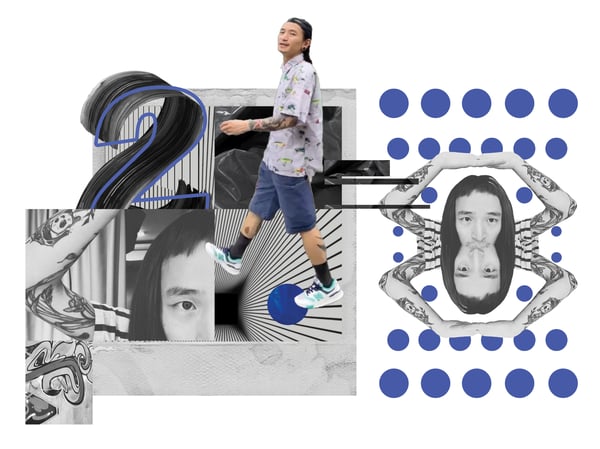 A moodboard in black, grey, and blue with portraits of Ronos.