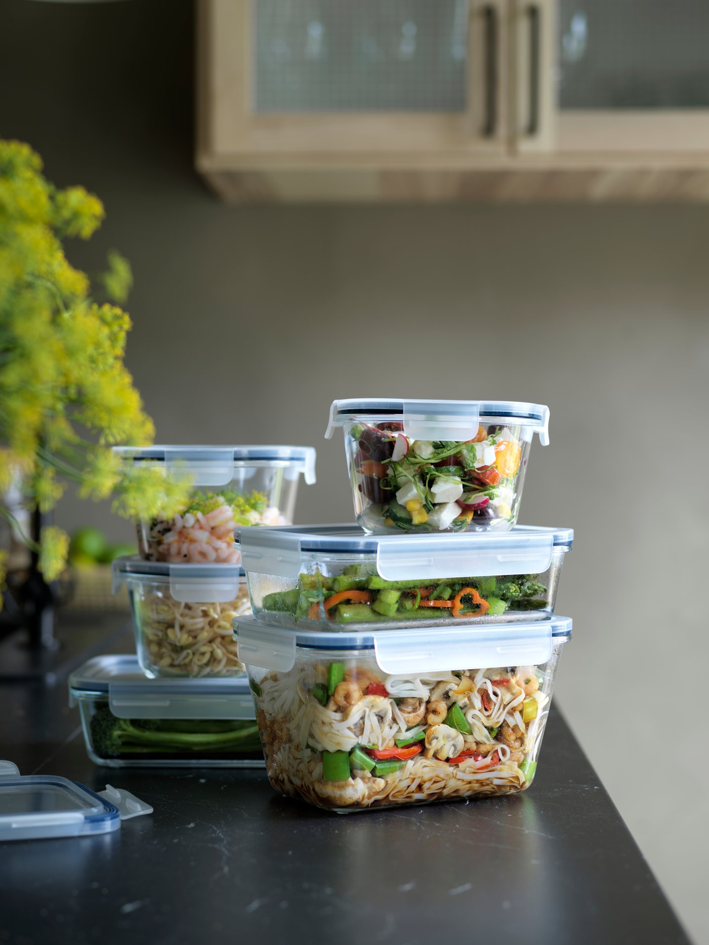 Detalle de una encimera de cocina con recipientes para alimentos con tapas de diferentes formas y tamaños, con ensaladas, fideos y verduras cocinadas.