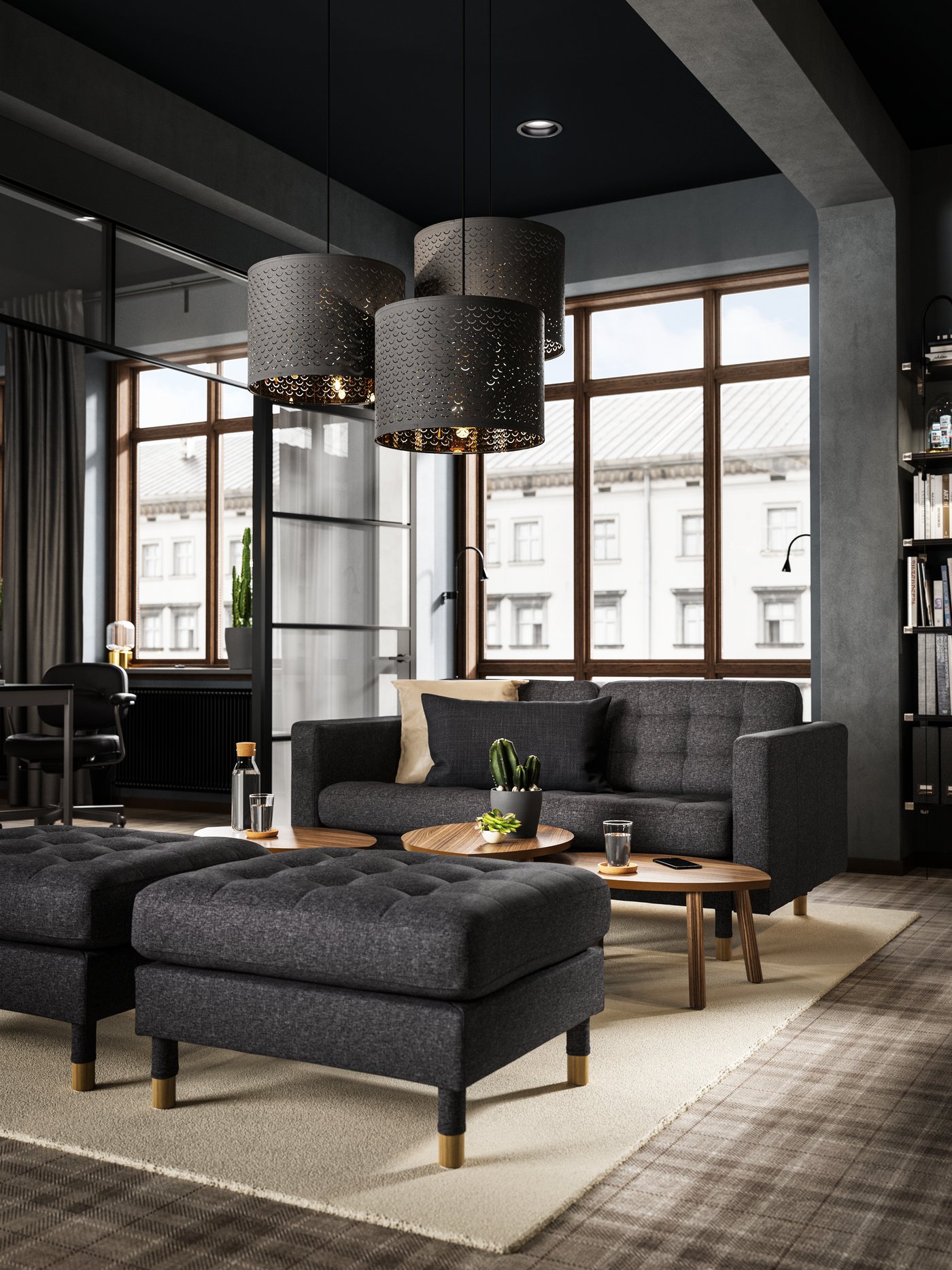 A Gunnared dark grey/wood LANDSKRONA footstool in the living room