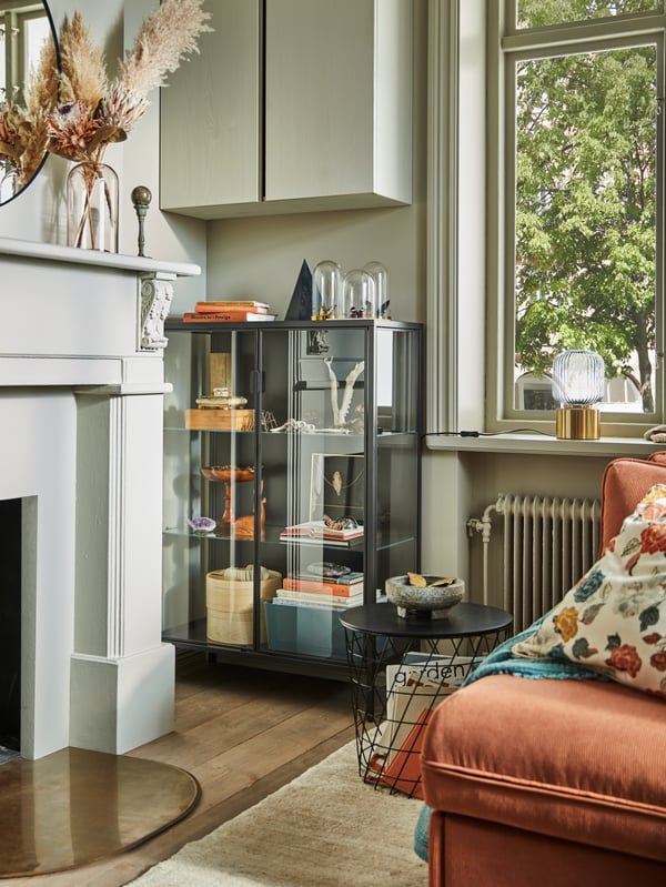 IKEA RUDSTA glass-door cabinet displays decorative & cosy items in a living room.