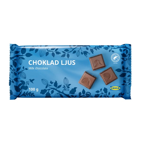 A Rainforest Alliance Certified CHOKLAD LJUS milk chocolate tablet in the NA