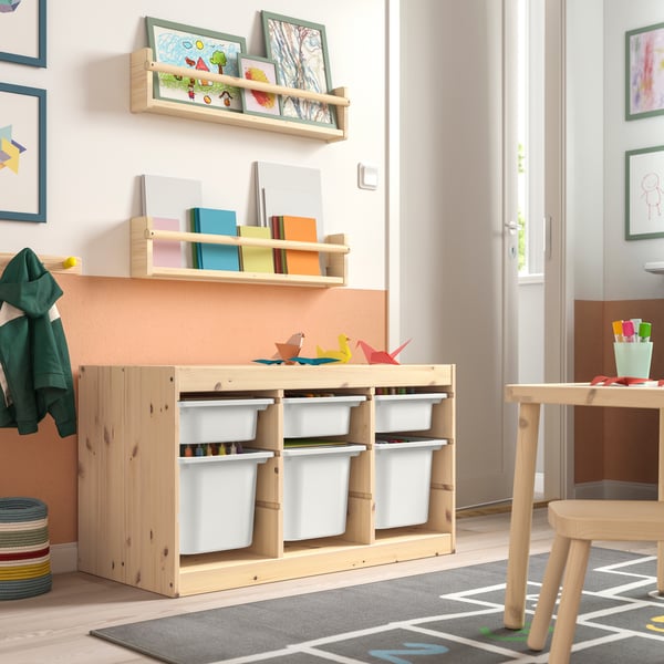 A light white stained pine/white TROFAST storage combination with boxes