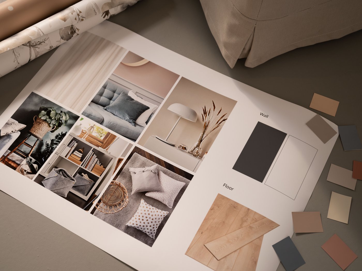 Un progetto per una stanza con moodboard e campioni colore.