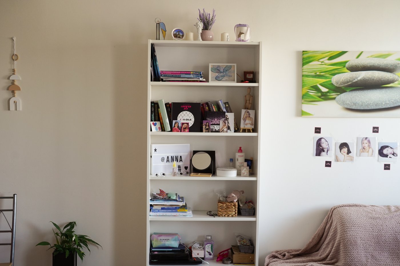 An image of a bookcase and a all ith different interiors. 